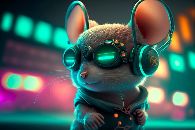 Sute mouse dj na discoteca dançando Generative AI