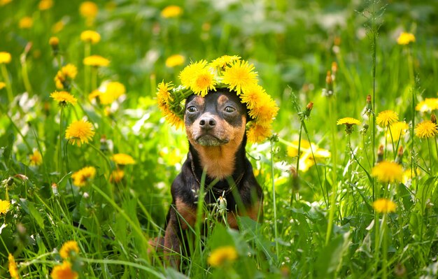 Sute Welpe ein Hund in einem Kranz aus Frühlingsblumen auf einer blühenden Wiese ein Porträt eines Hundes Frühling Sommer Thema