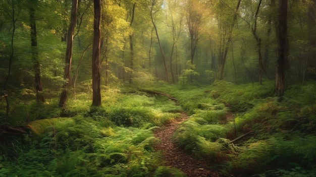 Sutiles tonos de verde en un paisaje forestal generado por IA