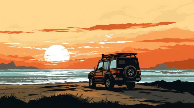 SUV de aventura costera con la silueta del océano