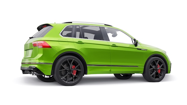 SUV de ciudad deportiva verde compacto para una conducción emocionante para el trabajo y la familia en un renderizado 3d de fondo blanco aislado