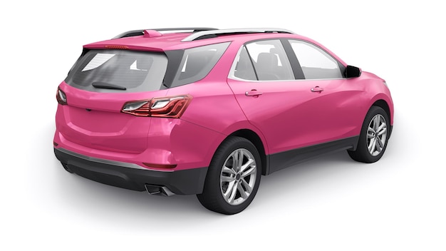 SUV de ciudad mediana rosa para una familia en una representación 3d de fondo blanco