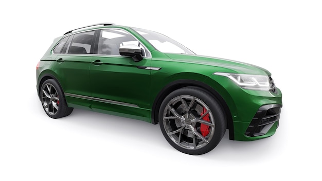 SUV compacto verde esportivo para condução emocionante para trabalho e família em um fundo branco isolado renderização em 3d