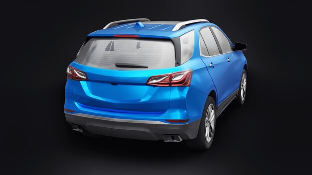 Suv de cidade de tamanho médio azul para uma família em uma renderização 3d de fundo preto