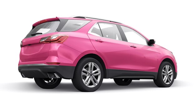 SUV de cidade de tamanho médio rosa para uma família em uma renderização 3d de fundo branco