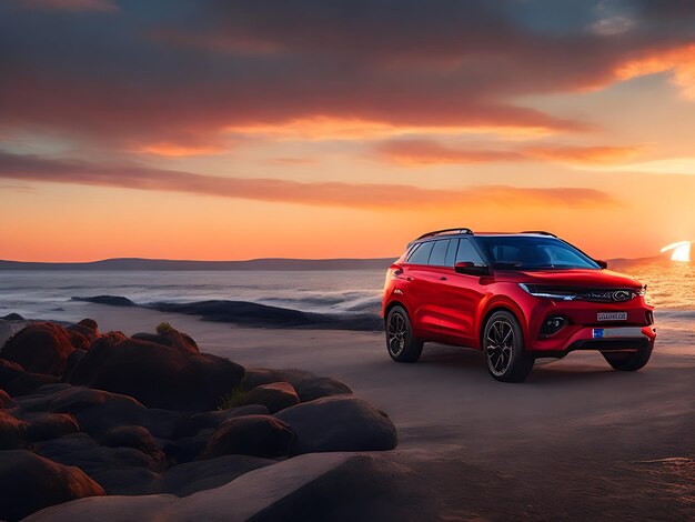 SUV de diseño de lujo estacionado en una carretera de hormigón junto al mar al atardecer Ai Generado