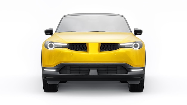 SUV eléctrico innovador en amarillo metálico sobre un fondo blanco de renderizado 3d