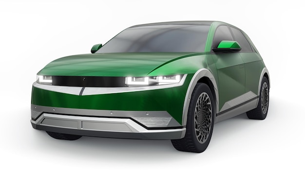 SUV hatchback eléctrico ultra progresivo para personas que aman la tecnología Coche verde sobre un fondo blanco aislado Ilustración 3d