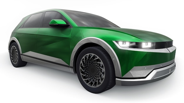 SUV hatchback elétrico ultra progressivo para pessoas que amam a tecnologia Carro verde em uma ilustração 3d de fundo branco isolado