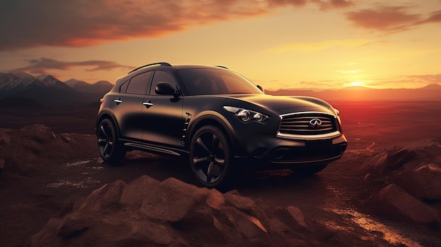 Un suv infiniti negro está en una montaña al atardecer.