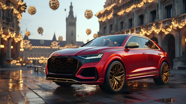 SUV de lujo rojo estacionado en una calle de la ciudad al anochecer elegancia urbana y diseño automotriz vehículo elegante que representa el estilo de vida moderno IA