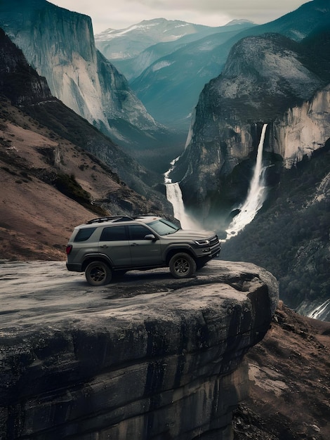 Foto un suv está en una montaña con una cascada en el fondo