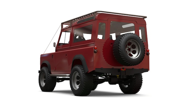 SUV pequeño rojo, sintonizado para rutas y expediciones difíciles. Representación 3D.