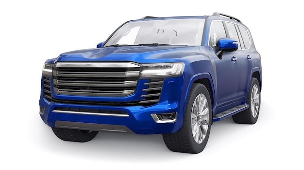 SUV premium de sete lugares de grande família azul em uma ilustração 3d de fundo branco e isolado