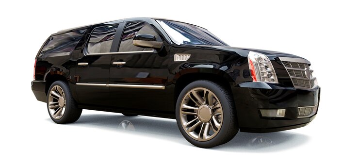 SUV premium negro grande sobre un fondo blanco. Ilustración 3D.