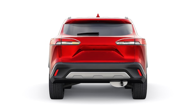 SUV rojo compacto con motor híbrido y tracción en las cuatro ruedas para la ciudad y las áreas suburbanas en una ilustración 3d de fondo blanco aislado