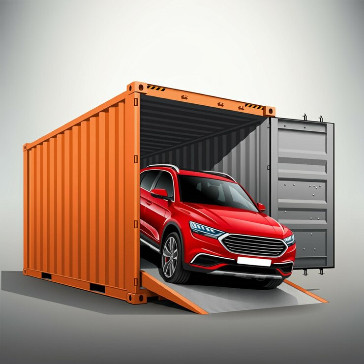 Un SUV rojo saliendo de un contenedor de transporte naranja a través de una rampa