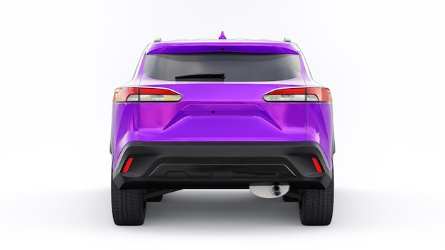 SUV roxo compacto com motor híbrido e tração nas quatro rodas para a cidade e áreas suburbanas em uma ilustração 3d de fundo branco isolado