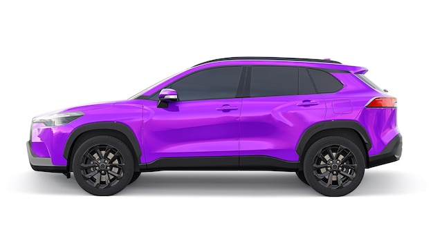 SUV roxo compacto com motor híbrido e tração nas quatro rodas para a cidade e áreas suburbanas em uma ilustração 3d de fundo branco isolado