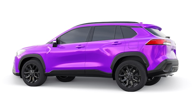 SUV roxo compacto com motor híbrido e tração nas quatro rodas para a cidade e áreas suburbanas em uma ilustração 3d de fundo branco isolado