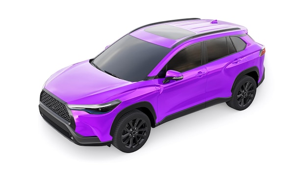 SUV roxo compacto com motor híbrido e tração nas quatro rodas para a cidade e áreas suburbanas em uma ilustração 3d de fundo branco isolado