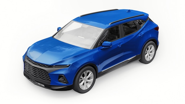 SUV ultramoderno azul com um design atraente e expressivo para jovens e famílias em um fundo branco e isolado. Ilustração 3D.