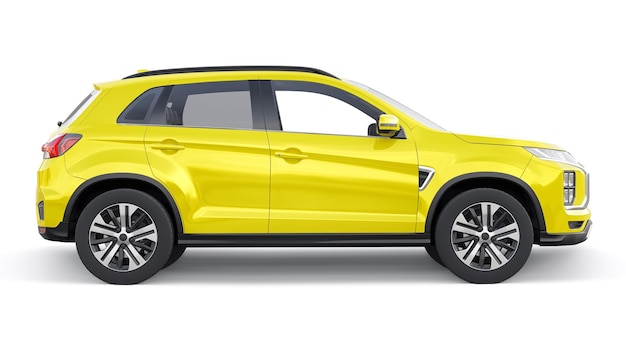 Foto suv urbano compacto amarelo em um fundo uniforme branco com um corpo em branco para sua renderização em 3d de design