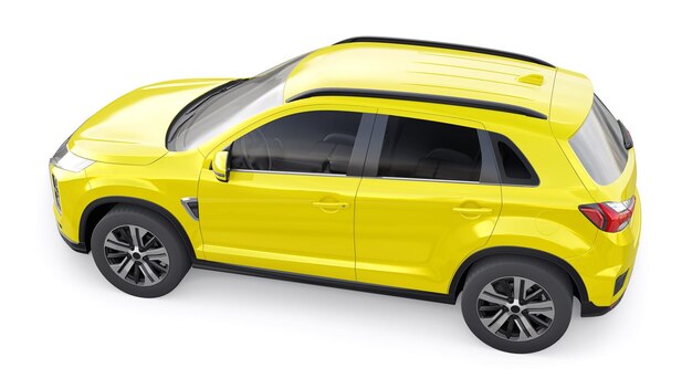 Suv urbano compacto amarelo em um fundo uniforme branco com um corpo em branco para sua renderização em 3d de design