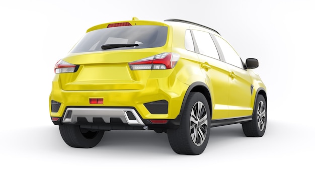 SUV urbano compacto amarelo em um fundo uniforme branco com um corpo em branco para sua renderização em 3d de design