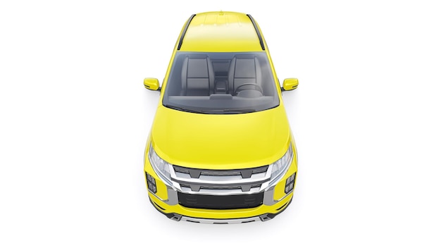 SUV urbano compacto amarillo sobre un fondo uniforme blanco con un cuerpo en blanco para su diseño de representación 3d