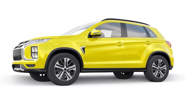 SUV urbano compacto amarillo sobre un fondo uniforme blanco con un cuerpo en blanco para su diseño de representación 3d