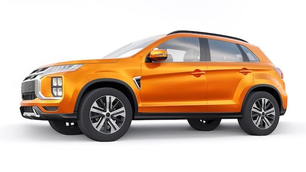 SUV urbano compacto naranja sobre un fondo uniforme blanco con un cuerpo en blanco para su diseño de representación 3d