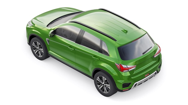SUV urbano compacto verde sobre un fondo uniforme blanco con un cuerpo en blanco para su diseño de representación 3d