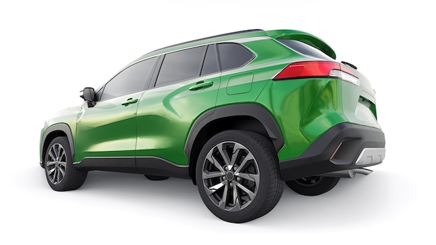 SUV verde compacto con motor híbrido y tracción en las cuatro ruedas para la ciudad y las áreas suburbanas en una ilustración 3d de fondo blanco aislado