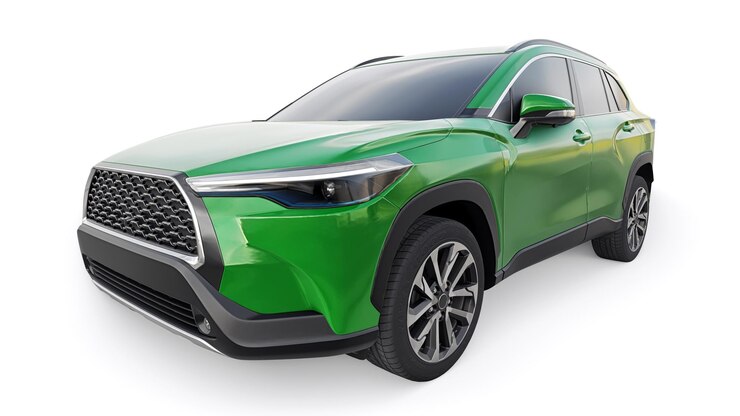 SUV verde compacto con motor híbrido y tracción en las cuatro ruedas para la ciudad y las áreas suburbanas en una ilustración 3d de fondo blanco aislado