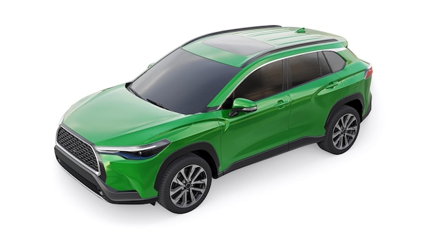 SUV verde compacto con motor híbrido y tracción en las cuatro ruedas para la ciudad y las áreas suburbanas en una ilustración 3d de fondo blanco aislado