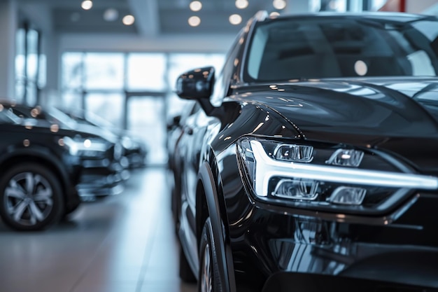 SUVs negros de primera calidad en la sala de exposiciones de los concesionarios modernos con grandes ventanas