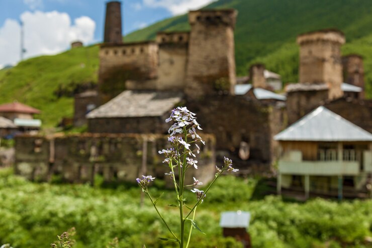 Svan-Festungen Blick auf den alten Svan-Turm im Dorf Ushguli. Swanetien, Georgien