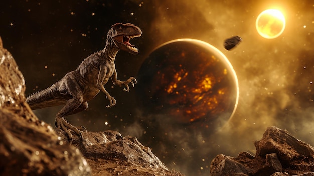 Foto svelociraptor vê fantasia de asteróide entrante generative ai