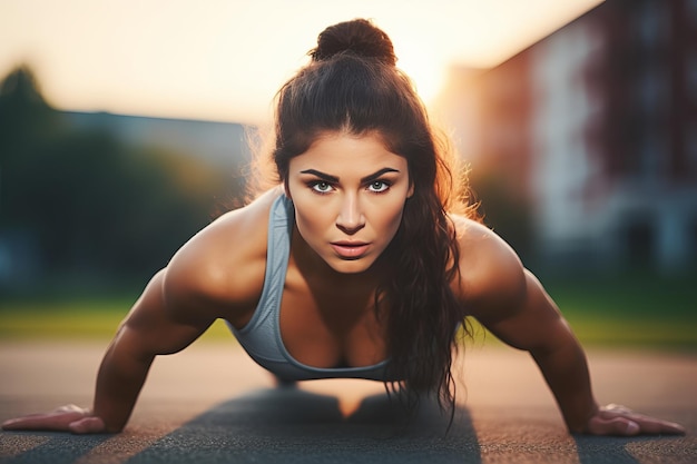 Sweating it Out Fuerte Fitness Mujer clavando flexiones en ejercicio nocturno de verano al aire libre