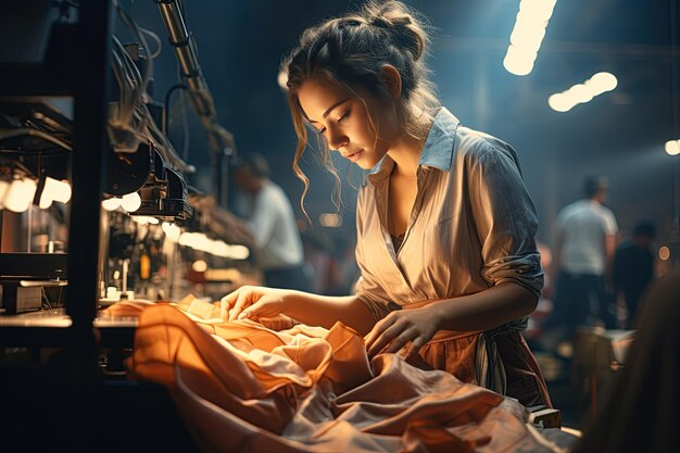 Foto sweatshop seamstress: uma costureira trabalha diligentemente em uma fábrica têxtil, costurando roupas em sua estação.generada com ia