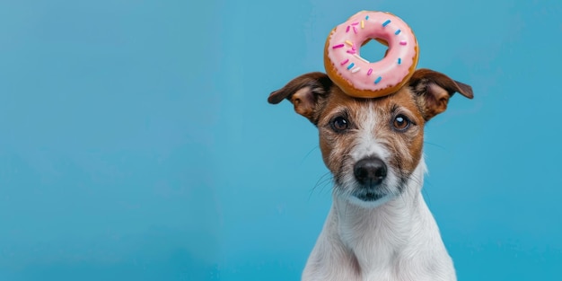 Foto sweet e silly jack russell terrier com donut na cabeça em um fundo azul