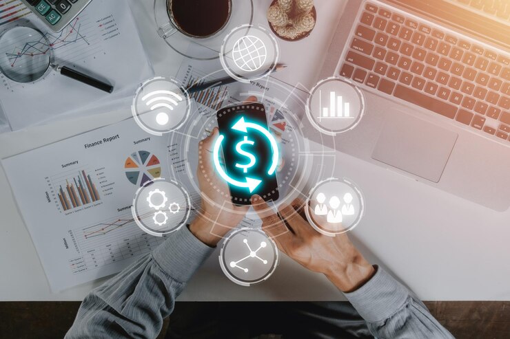 Foto swift sociedade de telecomunicações financeiras interbancárias mundiais empresário usando smartphone com tela vr ícone rápido na mesa do escritório conceito de regulação bancária financeira