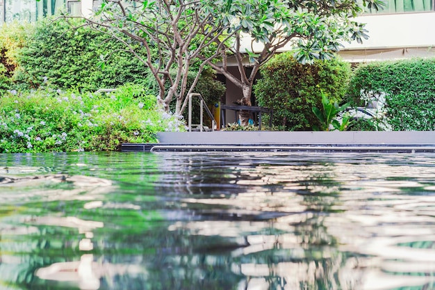 Swimmingpool auf gemütlicher tropischer Terrasse, umgeben von viel Grün Nahaufnahme verschwommene Wasseroberfläche