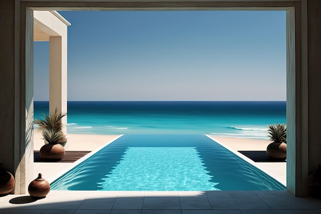 Swimmingpool mit Blick auf Strand und Meer im Hintergrund, erstellt mit generativer KI