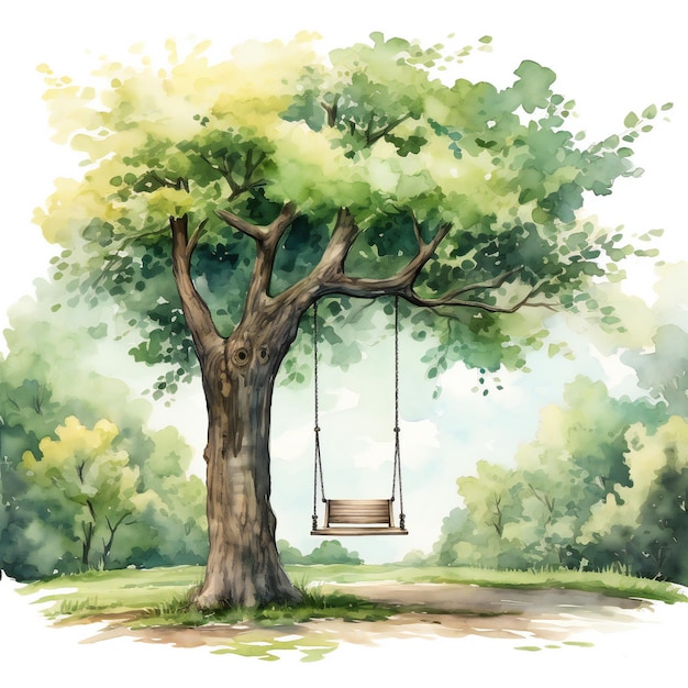 Foto swing de árvore em fundo branco para ilustração gráfica e decoração de parede