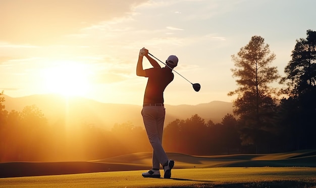 Swing para o verde Um jogador de golfe sereno aperfeiçoando seu swing ao pôr-do-sol