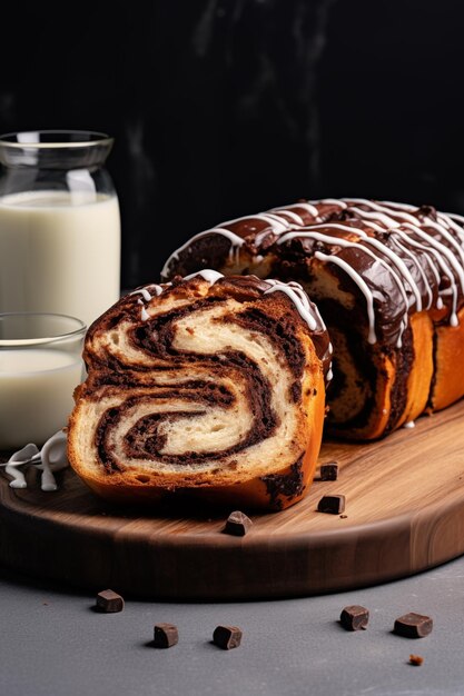 Swirl Brioche Chocolate Babka con leche en el espacio de copia de la mesa oscura