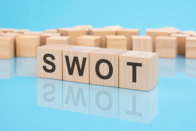 Swot Stärken Schwächen Chancen Bedrohungen auf Holzblöcken Text ist in schwarzen Buchstaben geschrieben und spiegelt sich in der Spiegelfläche des Geschäftskonzepts mit blauem Hintergrund wider