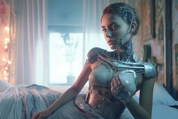 Sybernetic mujer androide ayudante La inteligencia artificial ayuda en la vida cotidiana Robot limpiador cocinar lavavajillas IA para la diversión y el entretenimiento futuro El humanoide se parece a un ser humano IA generativa